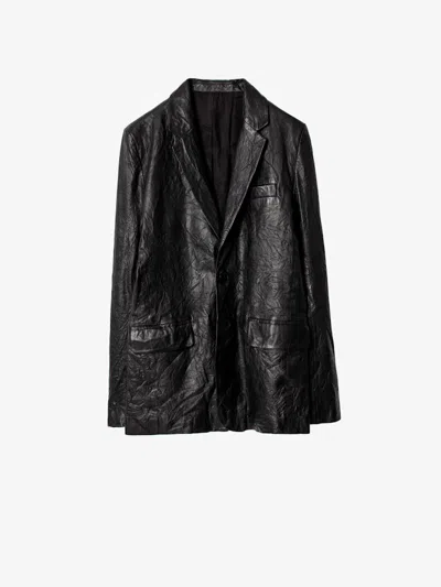 Zadig & Voltaire Valfried Crinkled Leather Blazer In Blue