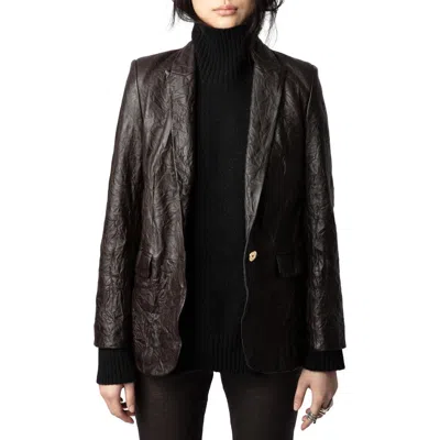 Zadig & Voltaire Valse Crinkled Leather Blazer In Brown
