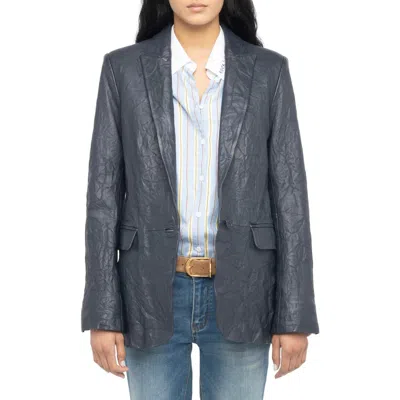Zadig & Voltaire Valse Crinkled Leather Blazer In Gray