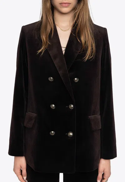 Zadig & Voltaire Vaska Double-breasted Velvet Jacket In Brown