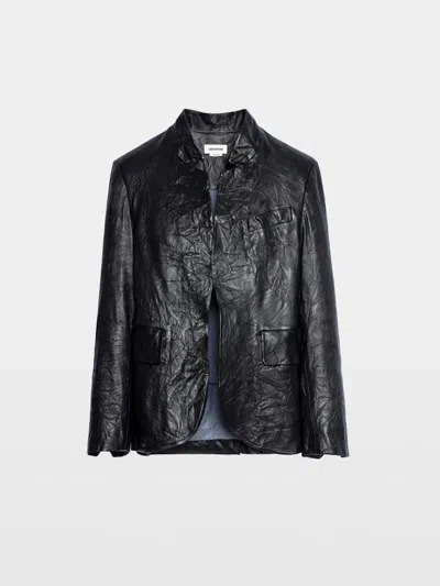 Zadig & Voltaire Verys Crinkled Leather Blazer In Blue