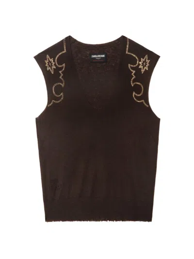 Zadig & Voltaire Womens Dark Chocolate Vicky Rhinestone-embellished Sleeveless Cashmere Jumper Xs In Brown
