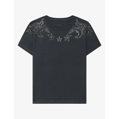 Zadig & Voltaire Womens Alys Rhinestone-embellished Cotton And Linen-blend T-shirt Carbone Xs In Multi