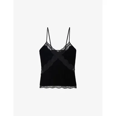 ZADIG & VOLTAIRE WOMENS BLACK CISHI LACE-EMBROIDERED VELVET CAMI TOP