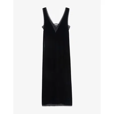 ZADIG & VOLTAIRE WOMENS BLACK RENZO V-NECK SILK AND VELVET-BLEND MIDI DRESS