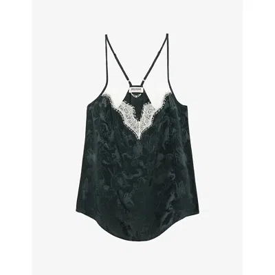 Zadig & Voltaire Womens Cespa V-neck Jacquard-print Silk Cami Gloom Xs In Blue