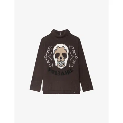 ZADIG & VOLTAIRE WOMENS DARK CHOCOLATE BLEEZA LOGO-INTARSIA WOOL JUMPER XS