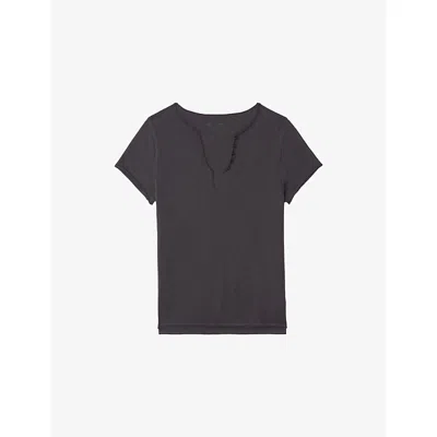 ZADIG & VOLTAIRE WOMENS DARK CHOCOLATE REGULAR-FIT BUTTON-NECK COTTON T-SHIRT