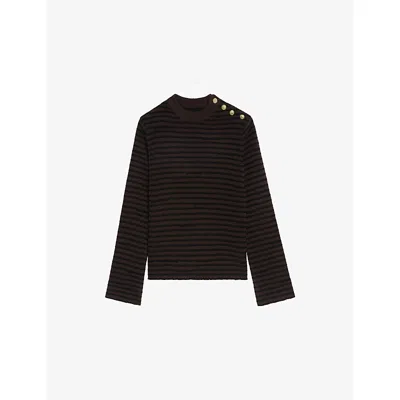 ZADIG & VOLTAIRE WOMENS DARK CHOCOLATE STRIPED KNITTED WOOL AND CASHMERE JUMPER XS