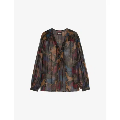 ZADIG & VOLTAIRE WOMENS DARK CHOCOLATE TAMELA HORSE-PRINT WOVEN SHIRT
