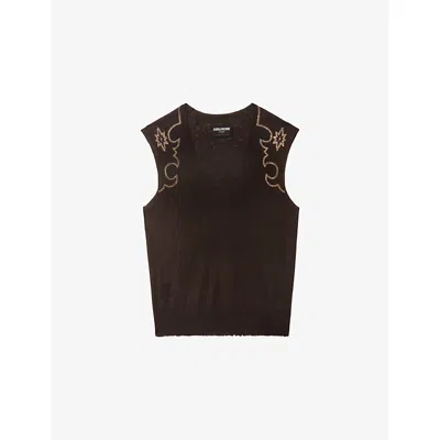 Zadig & Voltaire Womens Dark Chocolate Vicky Rhinestone-embellished Sleeveless Cashmere Jumper Xs In Brown