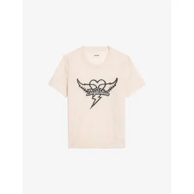 Zadig & Voltaire Idal Aero Heart Crystal Embellished Short Sleeve Cashmere Graphic Sweater In White