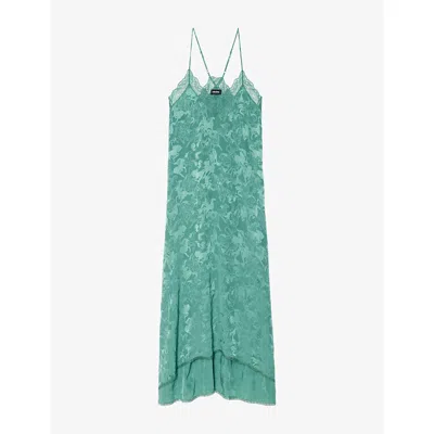 Zadig & Voltaire Womens Emerald Risty Lace-trim Horse-print Jacquard Silk Midi Dress In Green