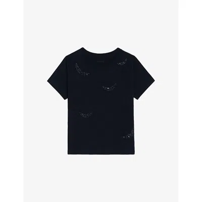 Zadig & Voltaire Womens Alys Wing-appliqué Cotton-jersey T-shirt Encre In Black