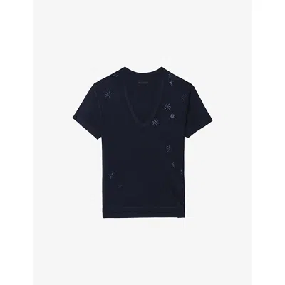 Zadig & Voltaire Womens Encre Marta V-neck Rhinestone-embellished Cotton T-shirt In Blue