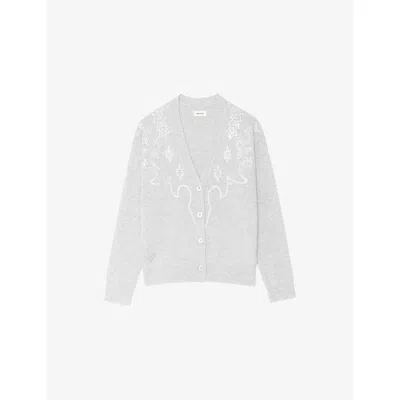 ZADIG & VOLTAIRE WOMENS GRIS CHINE CLAI MIRKAZ RHINESTONE-EMBELLISHED CASHMERE CARDIGAN XS