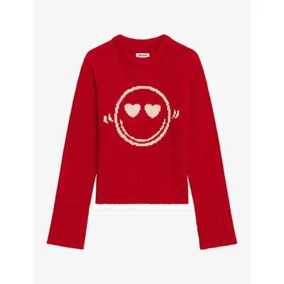 Zadig & Voltaire Womens Love Malty Face-motif Merino-wool Jumper In Red