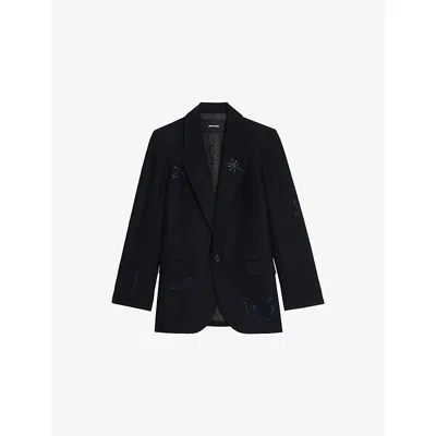 Zadig & Voltaire Womens Marine Vival Rhinestone-embellished Stretch-woven Blazer In Black