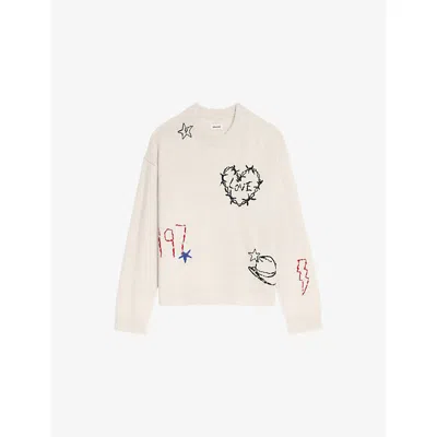 ZADIG & VOLTAIRE WOMENS MARKUZ BRAND-EMBROIDERED CASHMERE JUMPER ECRU
