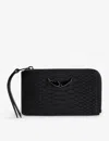 Zadig & Voltaire Womens Noir Zv Wing-embossed Python-effect Leather Cardholder In Noir