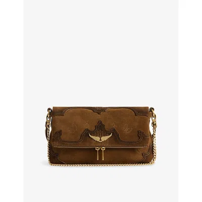 Zadig & Voltaire Womens Rocky Ii Western Used Suede Shoulder Bag Cognac In Black