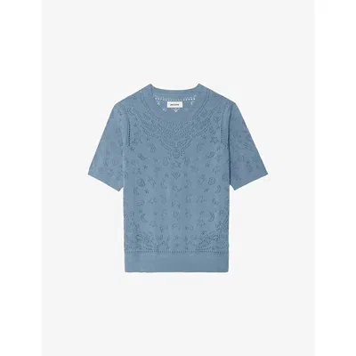 Zadig & Voltaire Dolly Bandana Pointelle Cotton Sweater In Blue
