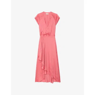 Zadig & Voltaire Womens Tea Rose Randall V-neck Raglan-sleeve Satin Midi Dress Xs In Pink
