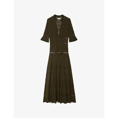 Zadig & Voltaire Womens Tilleul Memphis V-neck Pointelle Cotton Maxi Dress Xs In Brown