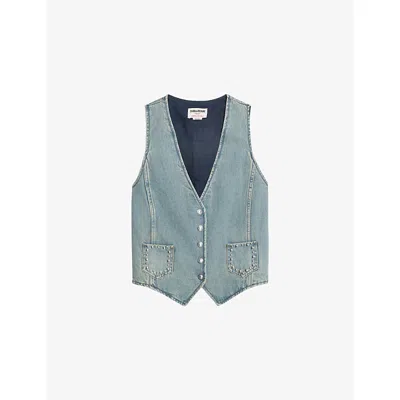 ZADIG & VOLTAIRE WOMENS LIGHT BLUE GILLIER V-NECK PATCH-POCKET DENIM WAISTCOAT