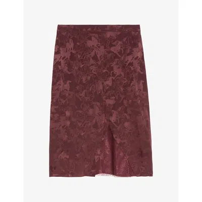 ZADIG & VOLTAIRE WOMENS BURGUNDY JULEN HORSE-JACQUARD SILK MIDI SKIRT