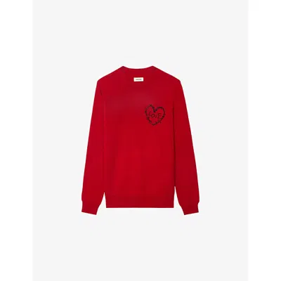 Zadig & Voltaire Womens Kendy Heart-embroidered Wool And Cashmere-blend Jumper Love In Red