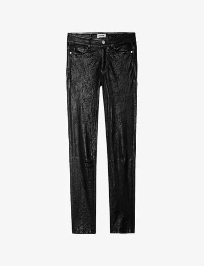 Zadig & Voltaire Womens Zadig&voltaire Phlame Crinkle-texture Slim-leg Mid-rise Leather Trousers In Noir (black)
