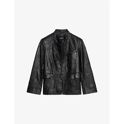 ZADIG & VOLTAIRE WOMENS VERYN COLLARLESS SLIM-FIT CRINKLED-LEATHER JACKET BLACK