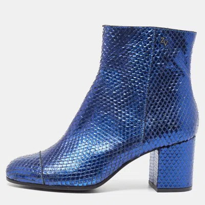 Pre-owned Zadig & Voltaire Zadiq & Voltaire Blue Python Leather Block Heel Ankle Boots Size 37