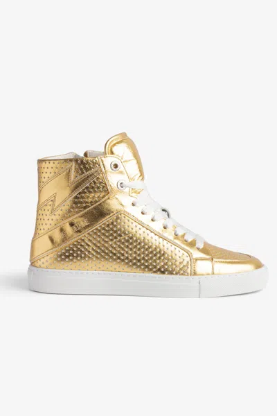 Zadig & Voltaire Zv1747 High Flash Vintage Metal Sneakers In Gold