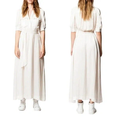 Pre-owned Zadig & Voltaire $598  Remedy Satin Pocket Maxi Shirt Dress Size S In White