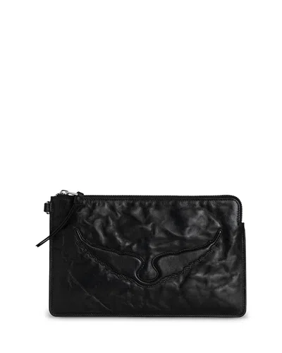 Zadig & Voltaire Angel Wings Burnished Leather Clutch In Noir