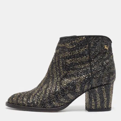 Pre-owned Zadig & Voltaire Black/gold Glitter Molly Ankle Boots Size 36