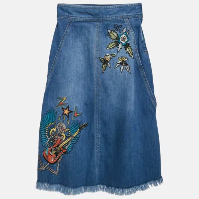 Pre-owned Zadig & Voltaire Blue Applique Denim Raw Edge Midi Skirt S
