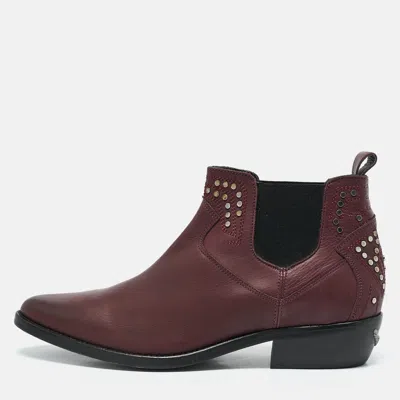 Pre-owned Zadig & Voltaire Burgundy Leather Studded Ankle Length Boots Size 41