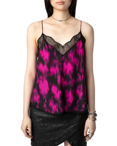Zadig & Voltaire Christy Silk Printed Lace Trim Cami In Noir