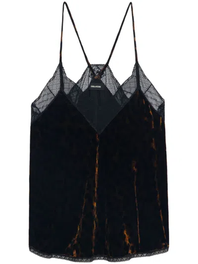 Zadig & Voltaire Womens Cognac Christy Lace-trim Velvet Camisole Top