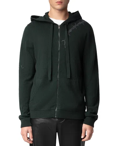 Zadig & Voltaire Clash Merino Wool & Cashmere Tattoo Embroidered Hooded Cardigan In Beetle