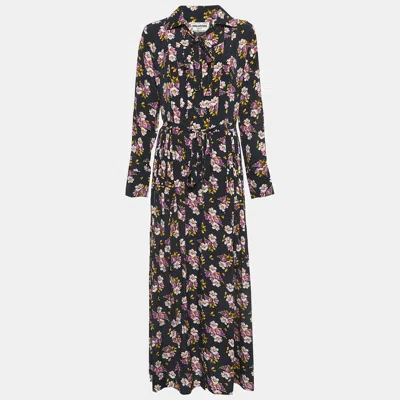 Pre-owned Zadig & Voltaire Deluxe Black Peonies Printed Silk Pleated Maxi Dress Xs