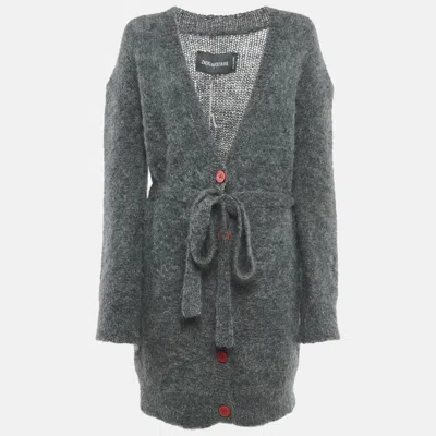 Pre-owned Zadig & Voltaire Green Mohair Wool Belted Romy Long Cardigan M/l In Grey