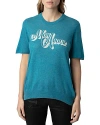 Zadig & Voltaire Mon Amour Embellished Short Sleeve Cashmere Sweater In Aqua