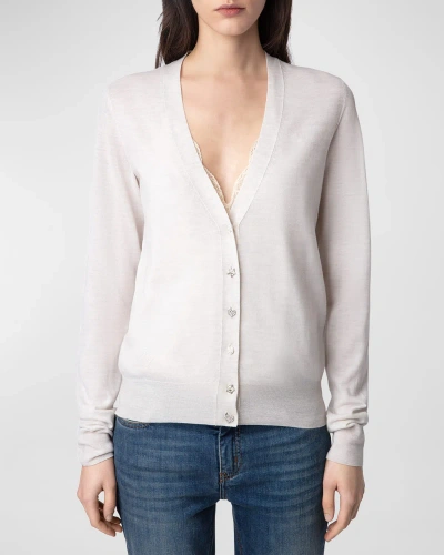 Zadig & Voltaire Jemmy Crystal Icon Button-front Wool Cardigan In Neige