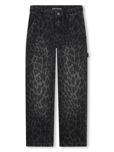 Zadig & Voltaire Kids' Leopard-print Straight-leg Jeans In Black