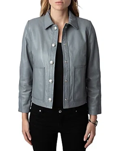 Zadig & Voltaire Litchi Cuir Lisse Leather Jacket In Iron
