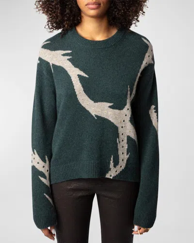 ZADIG & VOLTAIRE MARKUS CASHMERE VEGETAL INTARSIA CREWNECK SWEATER